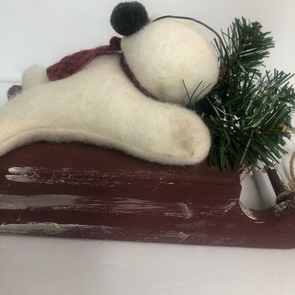 felted wool plush snowman sledding checkers scarf ear muffs pine tree red primit - Picture 5 of 8